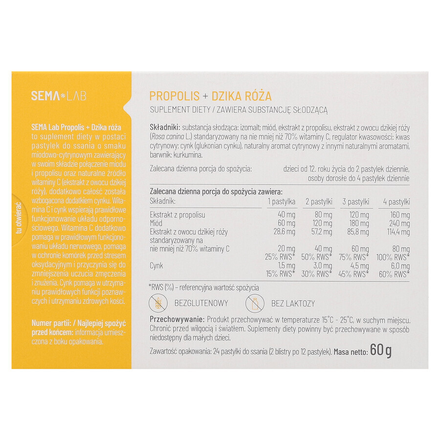 SEMA Lab Propolis + Wilde roos, honing/citroensmaak, 24 zuigtabletten