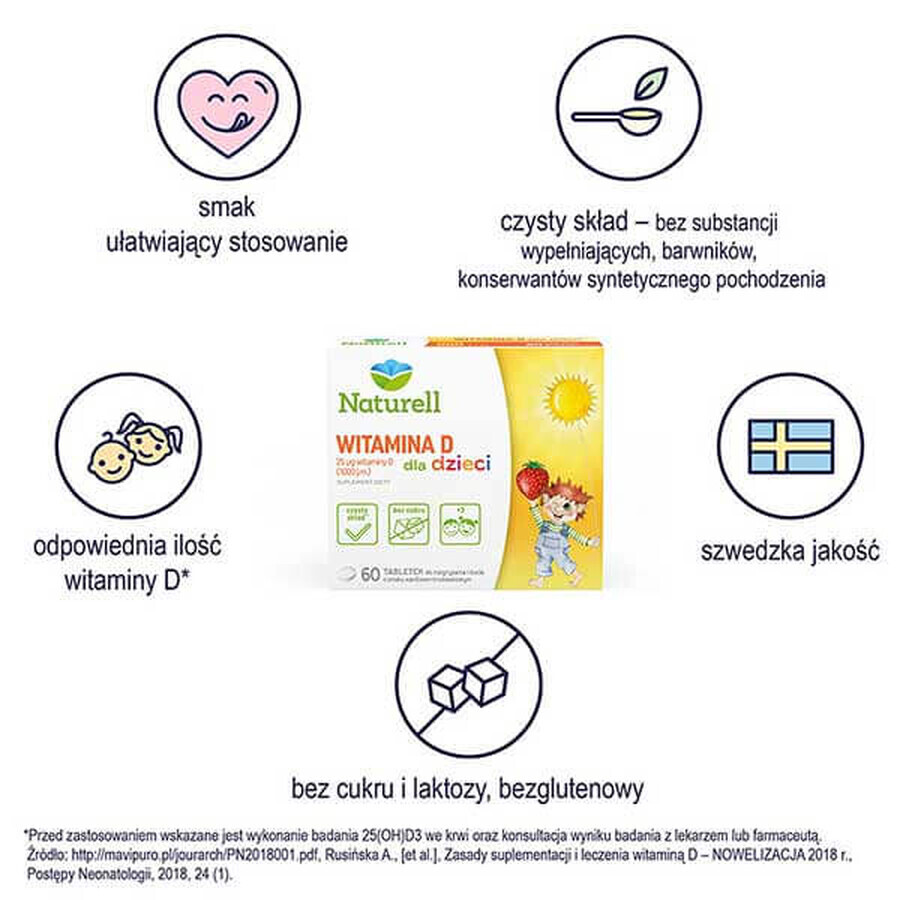 Naturell Vitamin D für Kinder 1000 IU, Vanille- und Erdbeergeschmack, 60 Kautabletten