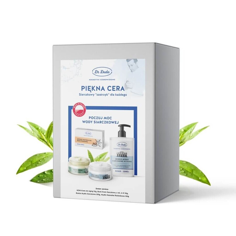 Dr Duda Piękna Cera Set, Noni Anti-Aging Creme, 50 g + Busk Schwefelcreme mit Vit. A + E, 50 g + Busk Schwefelseife, 300 g + natürliche Sanddornseife, 100 g