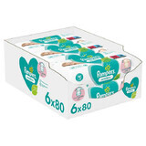 Pampers Sensitive, vochtige doekjes, 6 x 80 stuks