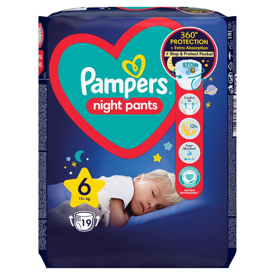 Pampers Night Pants, couches, taille 6, 15+ kg, 19 pcs