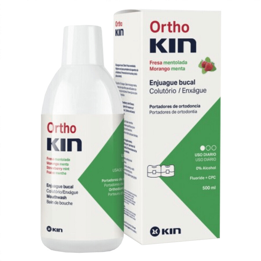 KIN Orthokin, mondwater voor mensen met een beugel, munt- en aardbeiensmaak, 500 ml