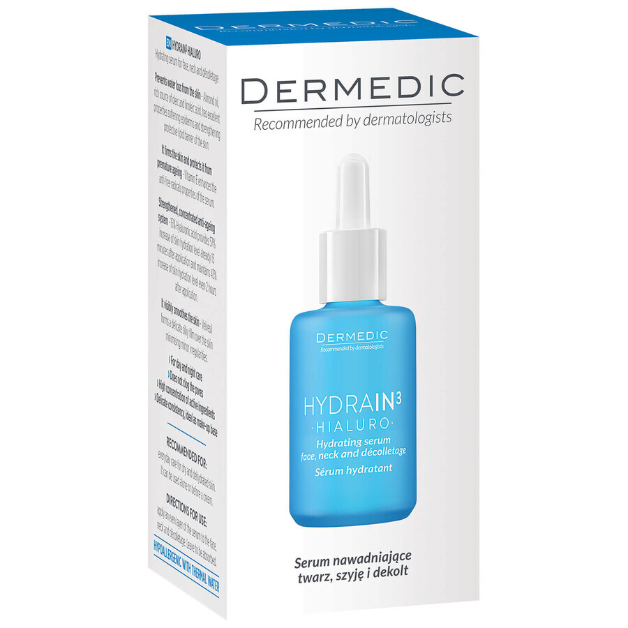 Dermedic Hydrain 3 Hialuro, siero idratante per viso, collo e décolleté, pelle disidratata e secca, 30 ml