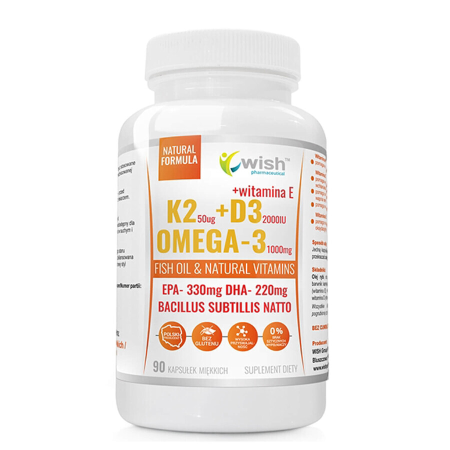 Wens K2 50 µg +D3 2000 IU+ Omega-3 1000 mg + vitamine E, 90 capsules