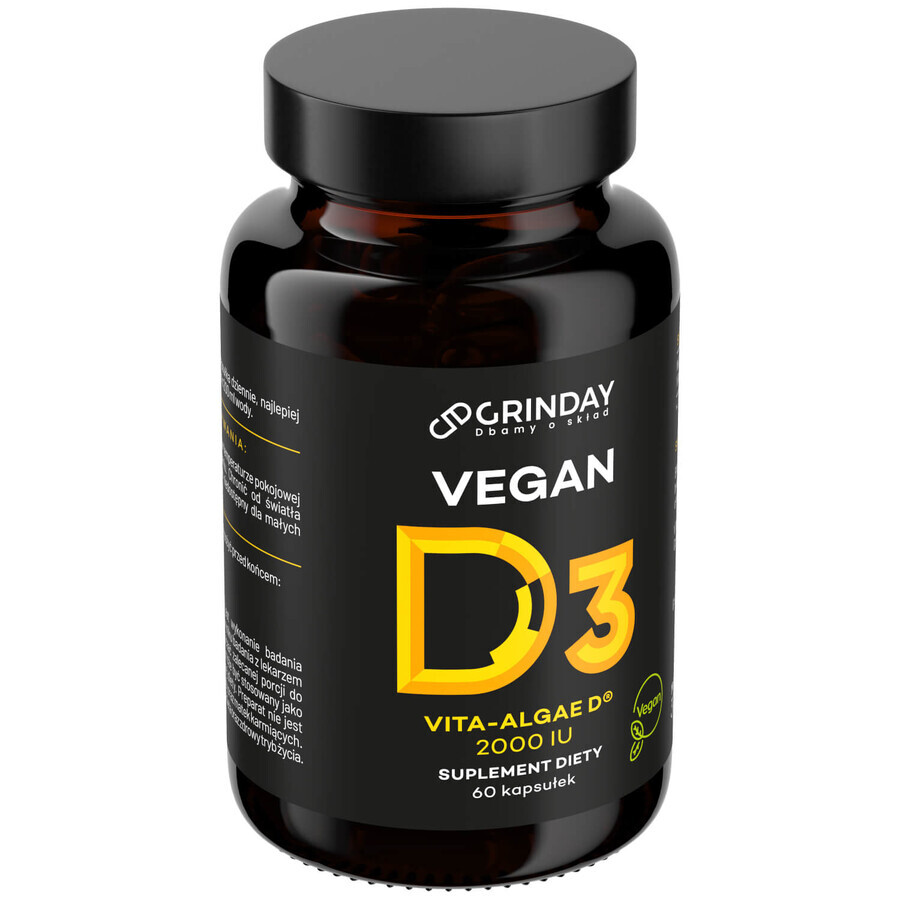 Grinday Vegan D3, vitamina D3 vegana 2000 UI, 60 cápsulas