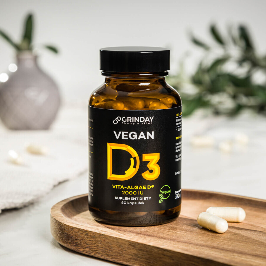 Grinday Vegan D3, vitamina D3 vegana 2000 UI, 60 cápsulas