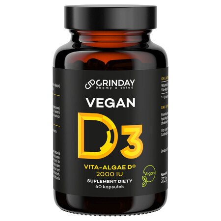 Grinday Vegan D3, vitamina D3 vegana 2000 UI, 60 cápsulas