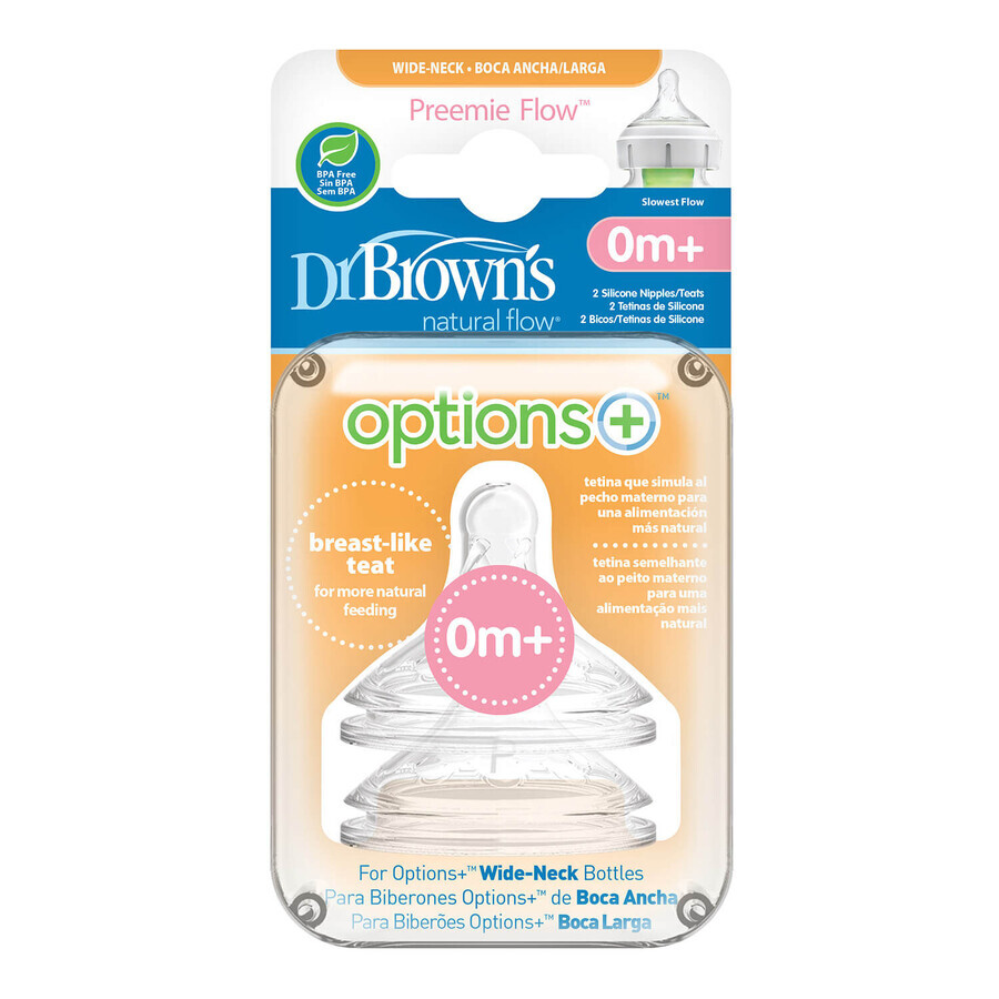 Dr. Brown's, Options+ speen met wijde hals, Preemie-niveau, voor premature baby's, 2 stuks