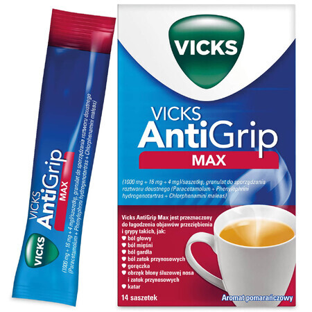 Vicks AntiGrip Max 1000 mg + 16 mg + 4 mg, granulés pour solution orale, 14 sachets