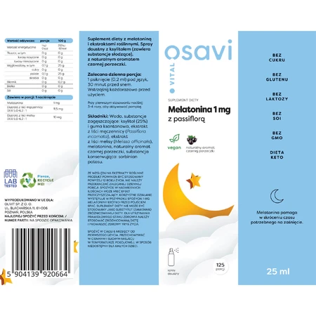 Osavi Vital Melatonine 1 mg met Passiflora, orale spray, zwarte bessensmaak, 25 ml