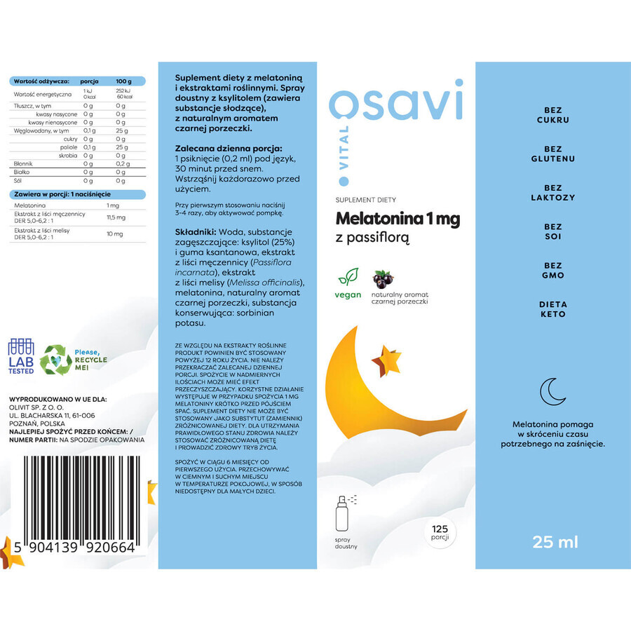 Osavi Vital Melatonin 1 mg mit Passiflora, Mundspray, Geschmack: schwarze Johannisbeere, 25 ml