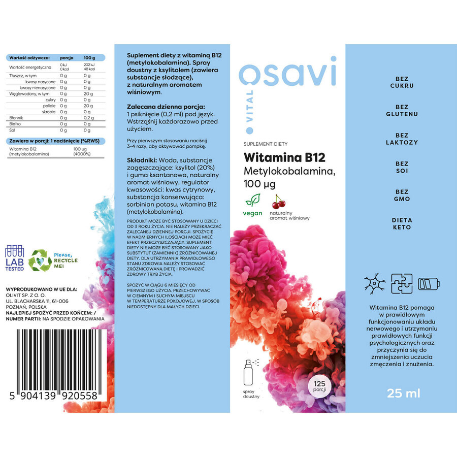 Osavi Vitamine B12 Vital, methylcobalamine 100 µg, orale spray, kersensmaak, 25 ml