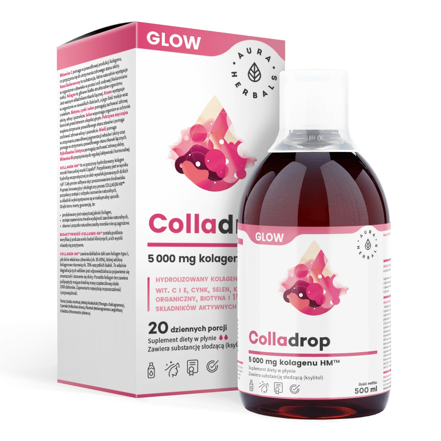 Aura Herbals Colladrop Glow, marine collageen HM 5000 mg, 500 ml