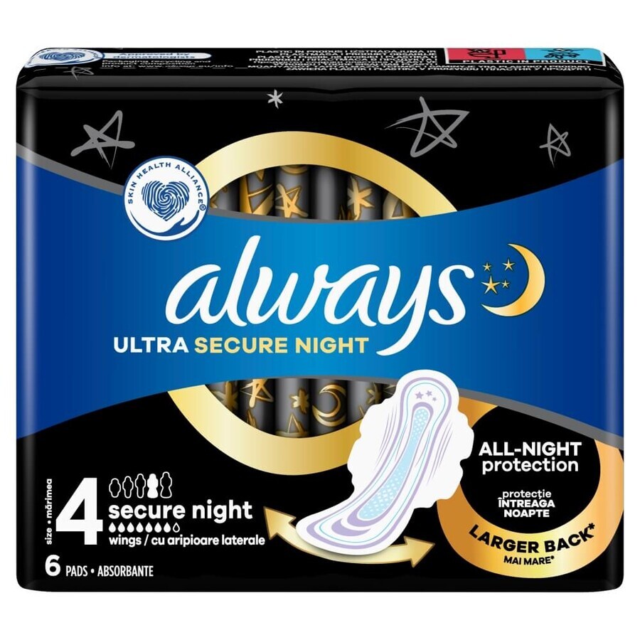 Always Ultra Secure Night Sanitary Napkins with Wings, Size 4, 6 pcs