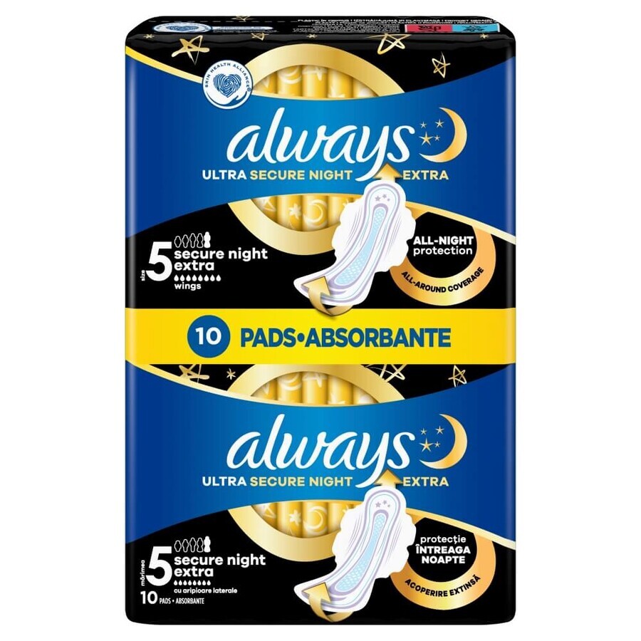 Always Ultra Secure Night Sanitary Napkins with Wings, Size 5, Extra, 10 Count