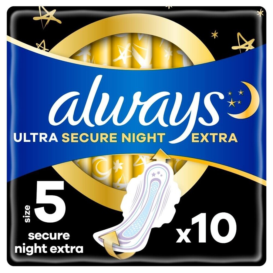 Always Ultra Secure Night Sanitary Napkins with Wings, Size 5, Extra, 10 Count