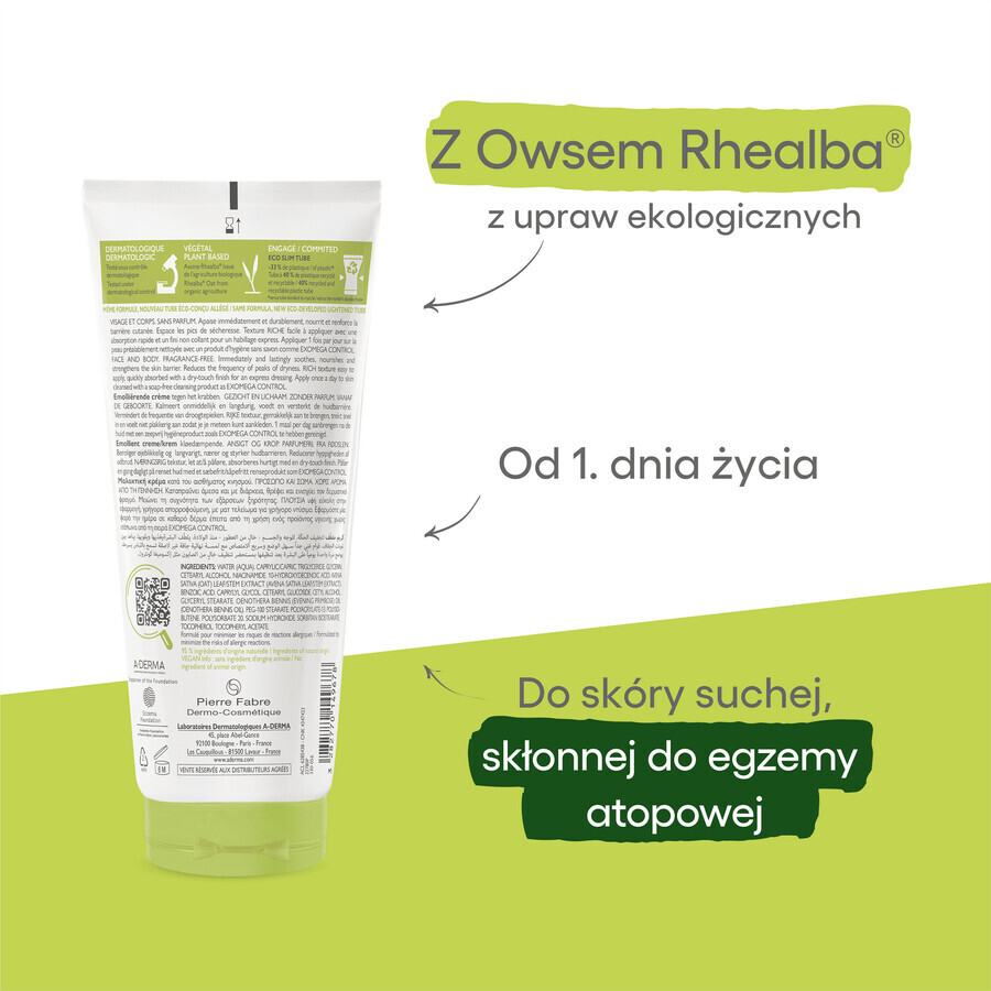 A-Derma Exomega Control, verzachtende crème, droge en atopische huid, vanaf dag 1, 200 ml