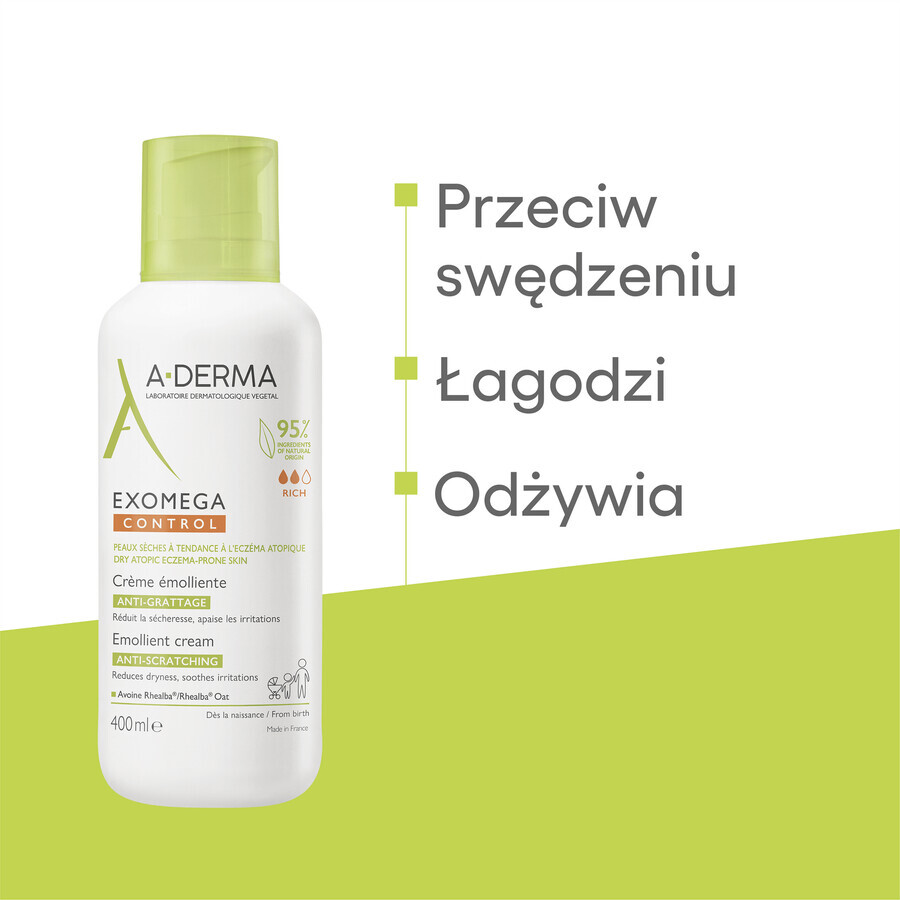 A-Derma Exomega Control, lindernde Creme, trockene und zu Neurodermitis neigende Haut, ab Tag 1, 400 ml