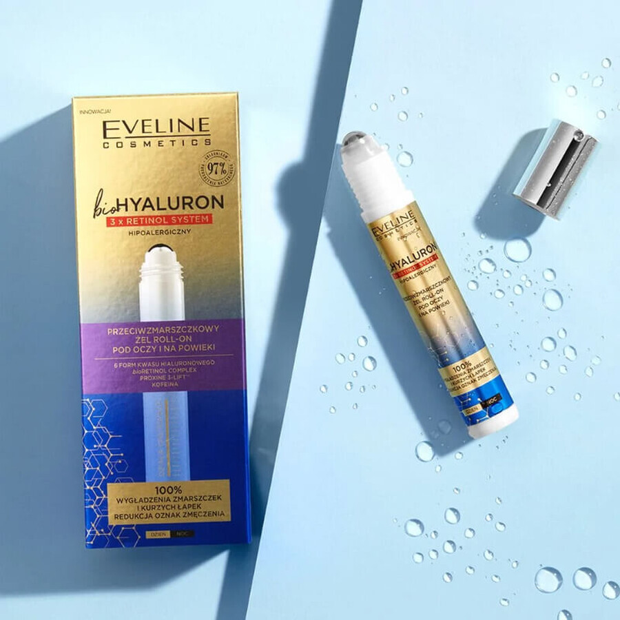 Eveline Cosmetics Bio Hyaluron 3 x Retinol, Roll-on-Gel gegen Falten für Augen und Augenlider, 15 ml