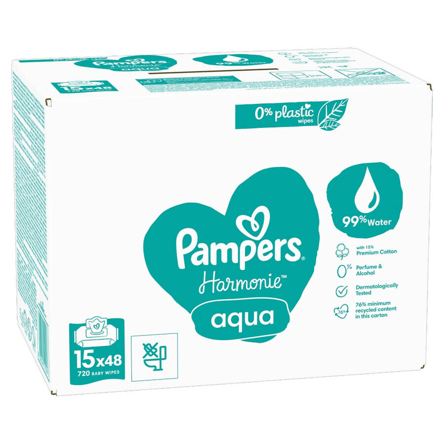 Pampers Harmonie Aqua, vochtige doekjes, 15 x 48 stuks