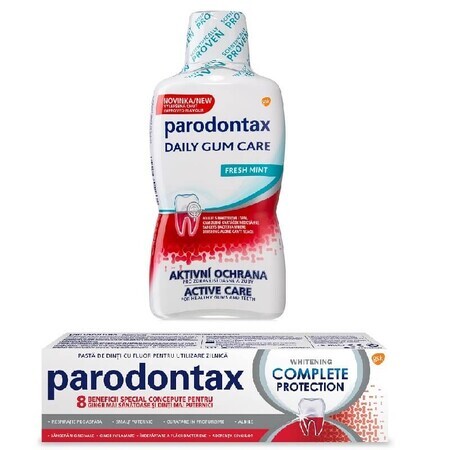 Complete Protection Whitening Tandpasta Parodontax, 75 ml + Dagelijkse Tandvleesverzorging Fresh Mint Parodontax Alcoholvrij Mondwater, 500 ml, Gsk