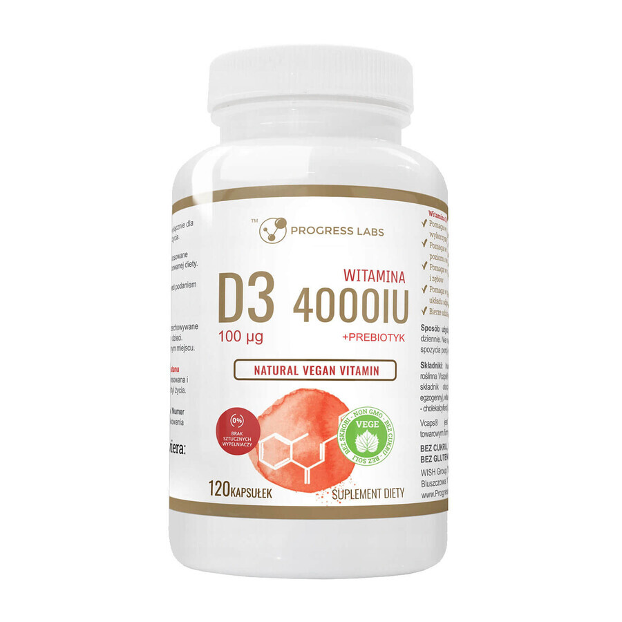 Progress Labs Vitamina D3 4000 UI 100 μg + Prebiótico, 120 cápsulas