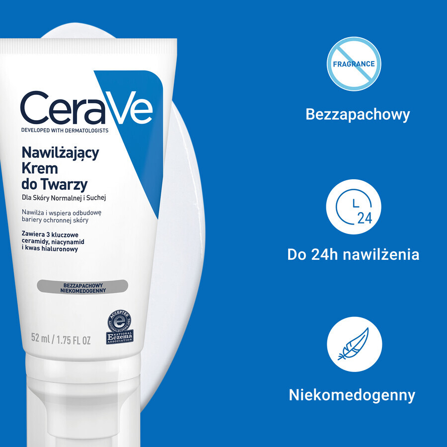 CeraVe, hydraterende gezichtscrème met ceramiden, normale en droge huid, SPF 50, 52 ml