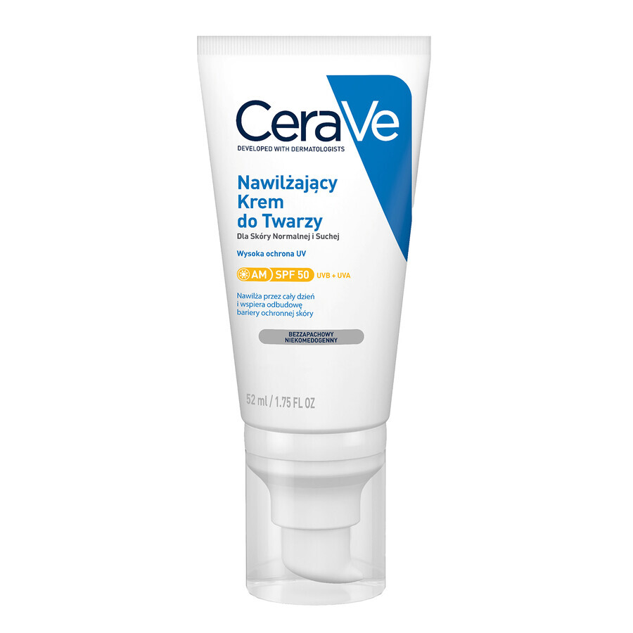 CeraVe, hydraterende gezichtscrème met ceramiden, normale en droge huid, SPF 50, 52 ml