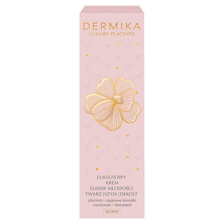 Dermika Luxury Placenta, lujosa crema-elixir de juventud para rostro, cuello y escote, de noche, 50 ml