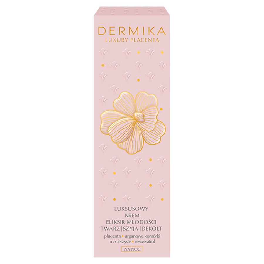 Dermika Luxury Placenta, lujosa crema-elixir de juventud para rostro, cuello y escote, de noche, 50 ml