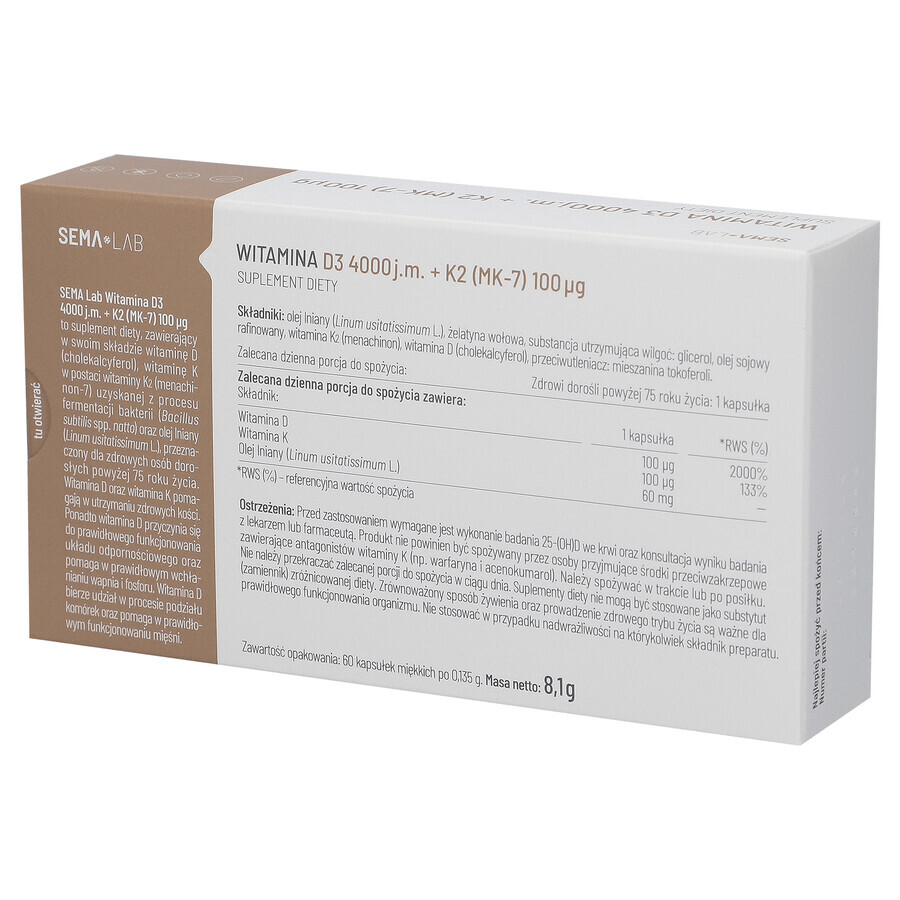 SEMA Lab Vitamina D3 4000 UI + K2 (MK-7) 100 µg, 60 cápsulas blandas