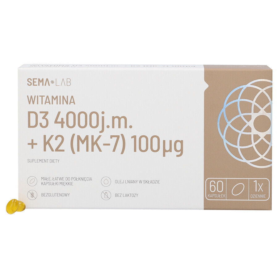 SEMA Lab Vitamina D3 4000 UI + K2 (MK-7) 100 µg, 60 cápsulas blandas