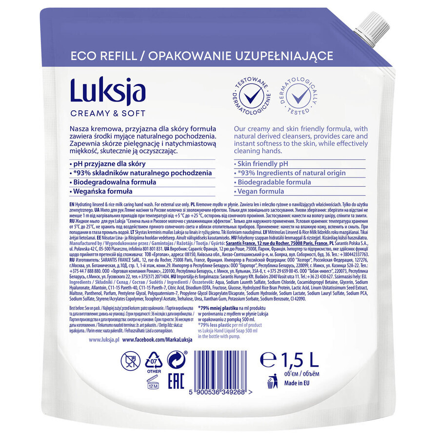 Luxja Crème &amp; Zacht, romige vloeibare zeep, hydraterend, lijnzaad- en rijstmelk, reserve, 1500 ml