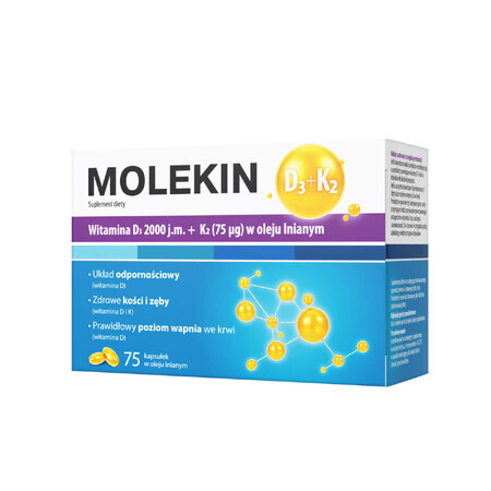 Molekin D3 + K2, vitamina D 2000 UI + vitamina K 75 µg in olio di semi di lino, 75 capsule