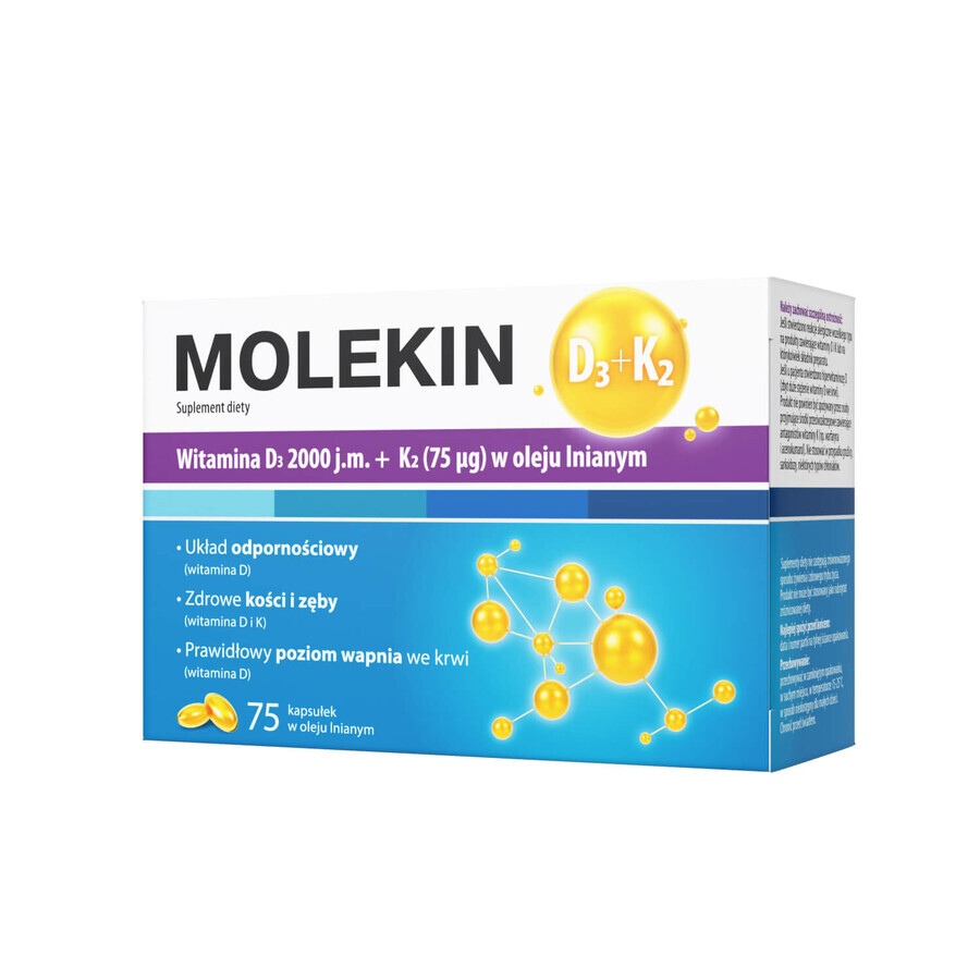 Molekin D3 + K2, vitamina D 2000 UI + vitamina K 75 µg in olio di semi di lino, 75 capsule