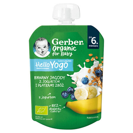 Gerber Bio toetje in een tube, banaan, bosbessen met yoghurt en ontbijtgranen, na 6 maanden, 80 g