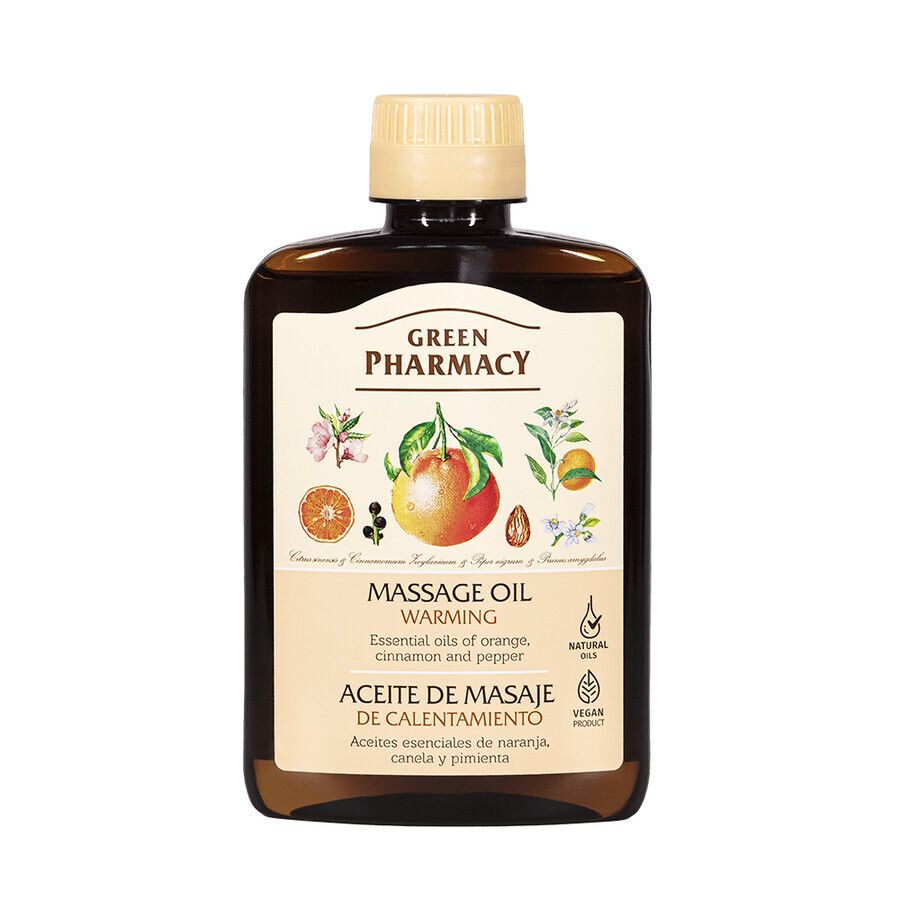 Farmacia Verde, olio da massaggio riscaldante, arancia, cannella, pepe, 200 ml