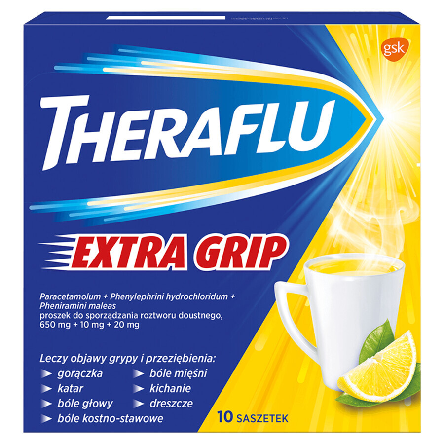 Theraflu Extra Grip 650 mg + 10 mg + 20 mg, polvo para solución oral, 10 sobres