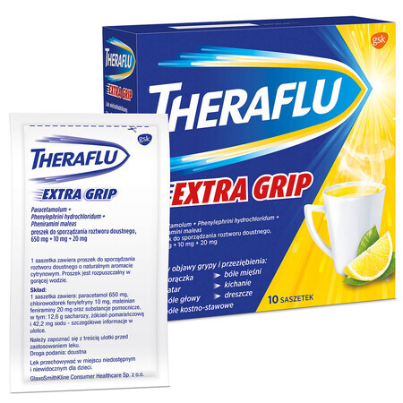 Theraflu Extra Grip 650 mg + 10 mg + 20 mg, polvo para solución oral, 10 sobres