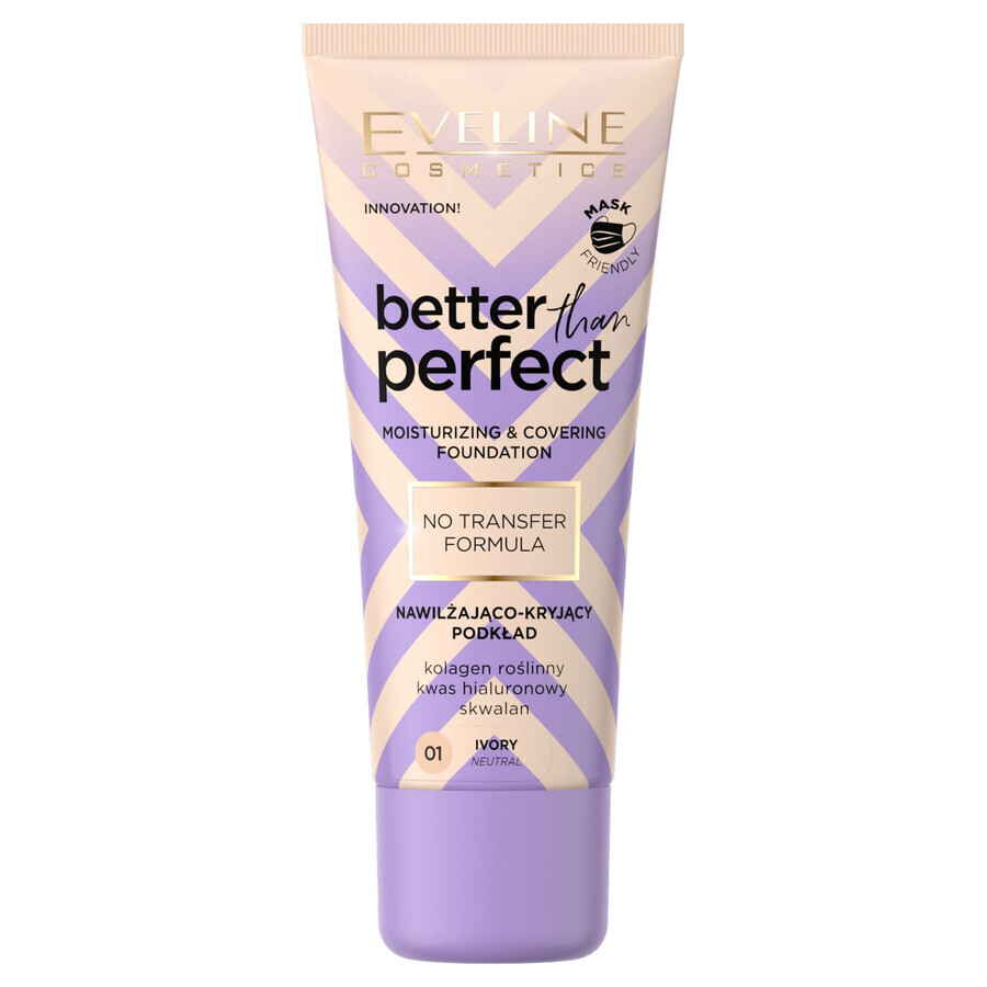 Eveline Cosmetics Better Than Perfect, fond de teint hydratant et couvrant, n° 01, ivoire, 30 ml