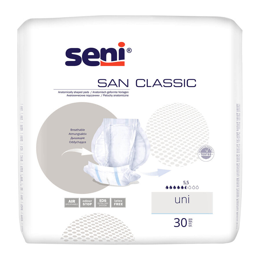 Seni San Classic, scutece anatomice, Uni, 30 cm x 62,5 cm, 30 buc