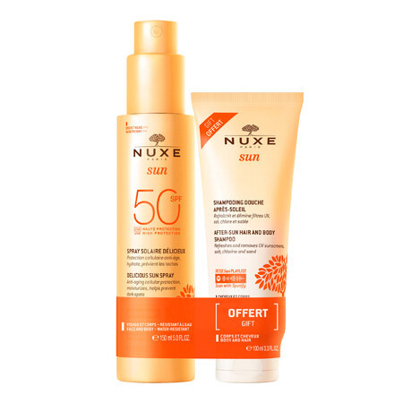 Nuxe Sun, loción protectora solar para rostro y cuerpo, spray, SPF 50, 150 ml + gel de ducha para después del sol, 100 ml gratis