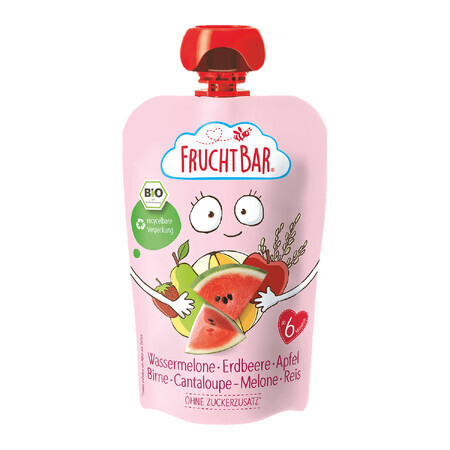 Fruchtbar Bio mousse de fructe cu boabe într-un tub, pepene galben, căpșuni, mere, pere, pepene galben, orez, după 6 luni, 100 g