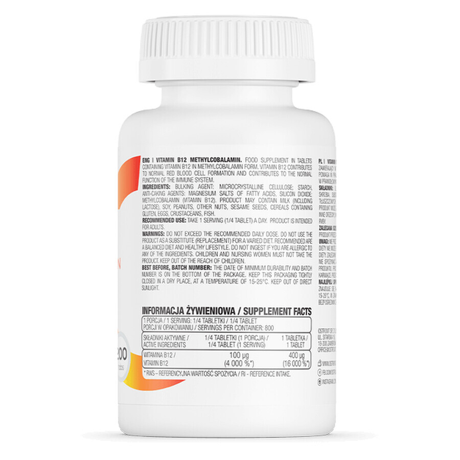 OstroVit Vitamine B12 Methylcobalamine, vitamine B12 400 µg, 200 tabletten