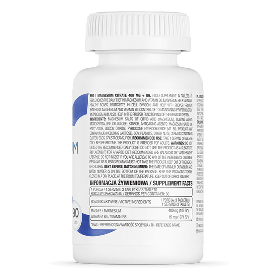 OstroVit Citrate de Magnésium 400 mg + B6, 90 comprimés