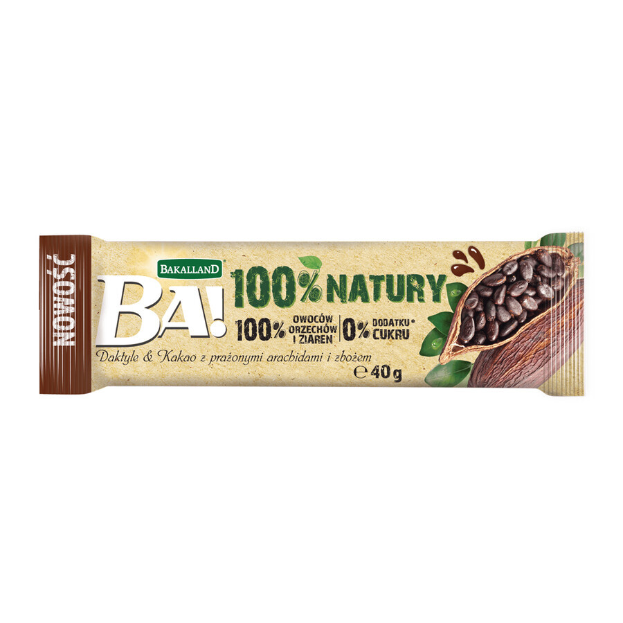 Bakalland BA! 100% Natuur Fruitreep, Dadels en Cacao met geroosterde pinda's en granen, zonder toegevoegde suiker, 40 g