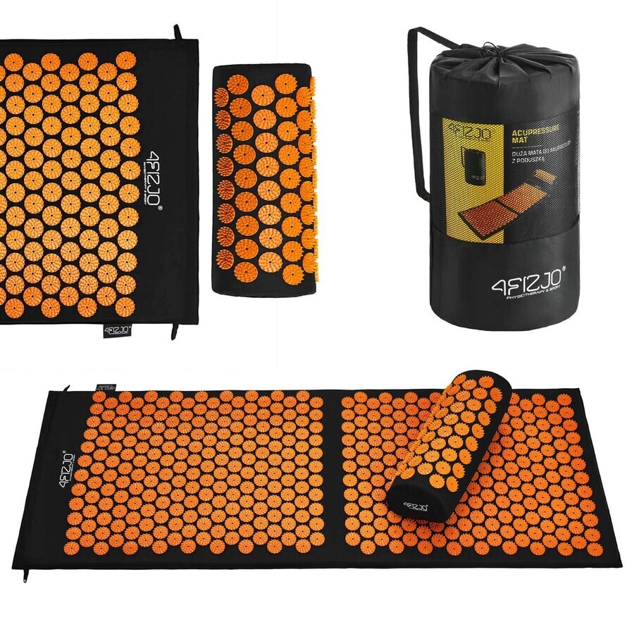 4Fizjo Akupressurmatte, große Akupressurmatte mit Kissen, 110 cm x 42 cm, schwarz und orange