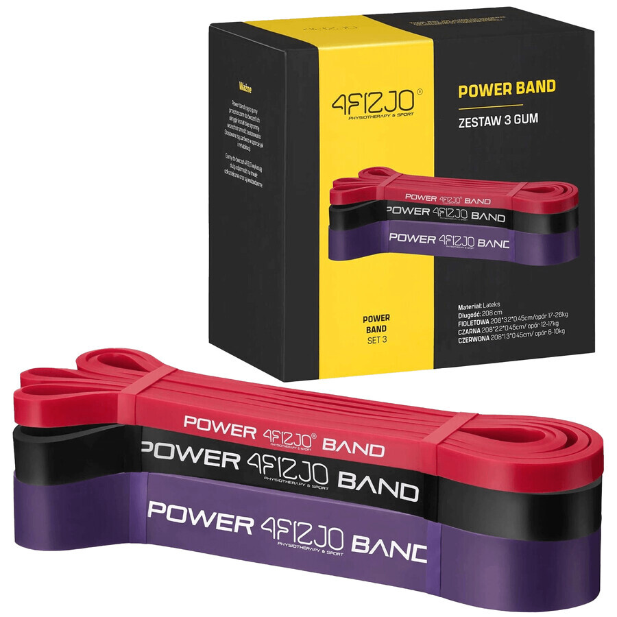 4Fizjo Power Band, set weerstandsbanden voor oefeningen, 3 stuks