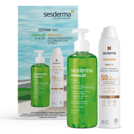 Sesderma Hidraloe set, gel corporel, aloe vera, 250 ml + Repaskin, spray solaire pour le corps, SPF 50+, 200 ml