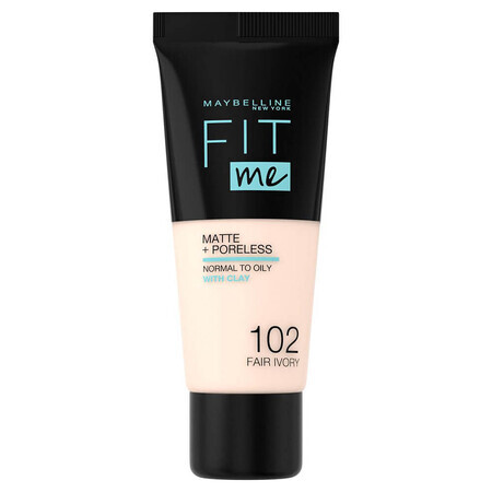 Maybelline Fit Me! Matte and Poreless, fond de ten matifiant, nr. 102, Fair Ivory, 30 ml